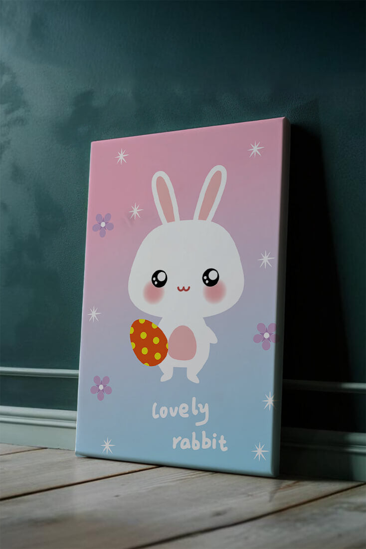 Adorable rabbit illustration with a colorful egg on a pastel background