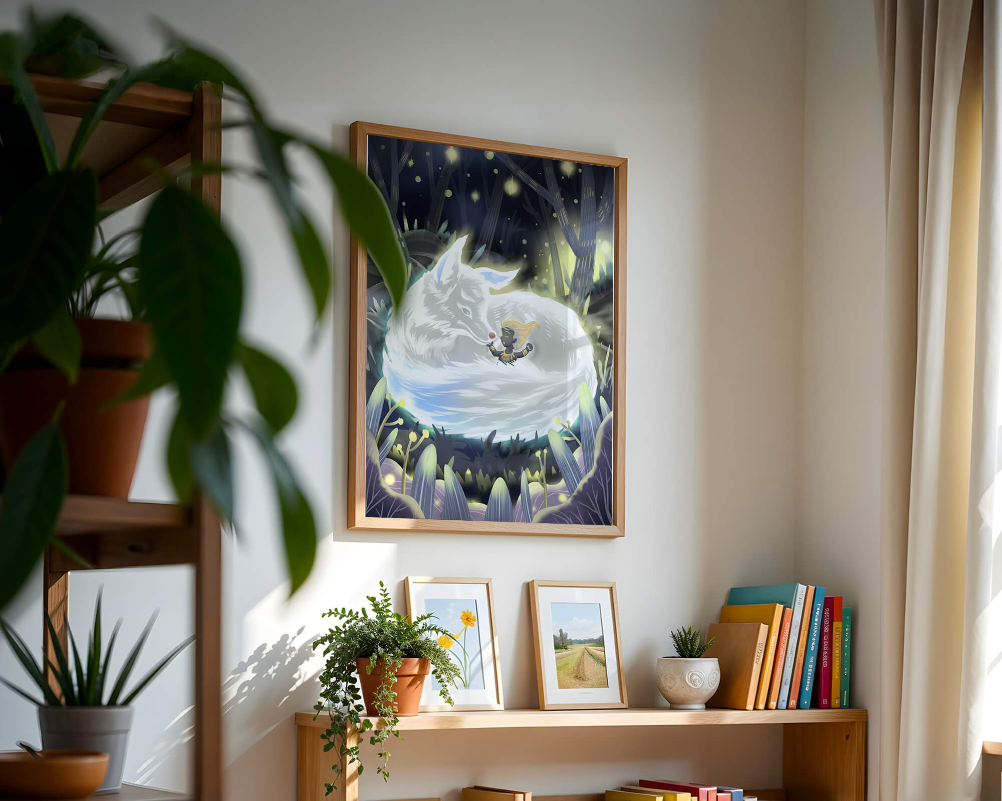 Whimsical forest scene with a sleeping wolf and a mysterious figure at night