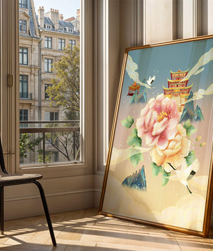 Elegant Asian Landscape With Pagoda, Cranes, and Peonies