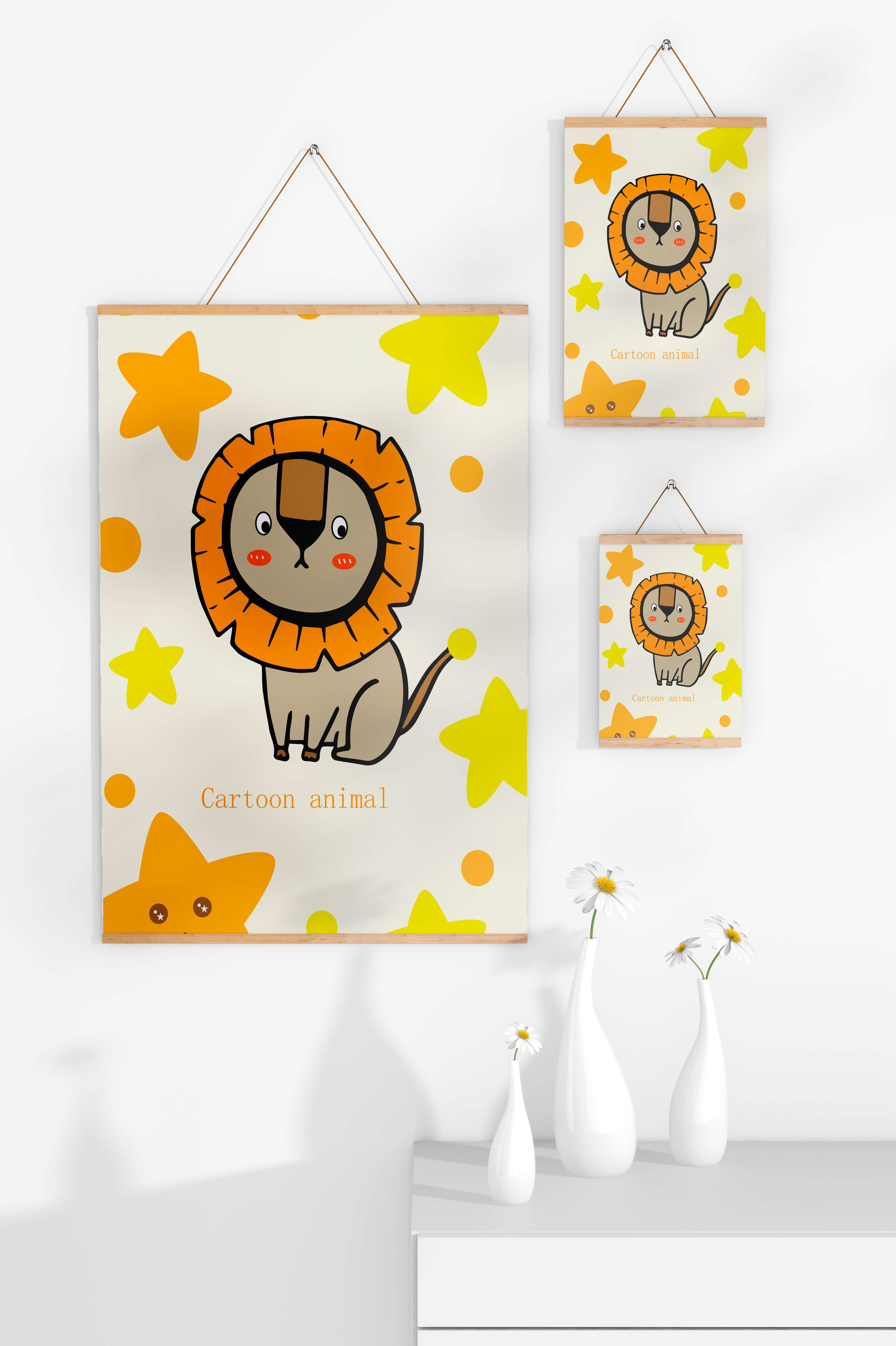 Cute cartoon lion illustration with stars for children's room