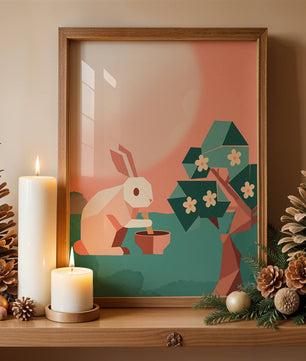 Conejo de origami abstracto con mortero y pistilo bajo un árbol en flor