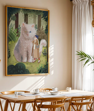 Verzauberter Wald mit einer riesigen Katze und einer Frau