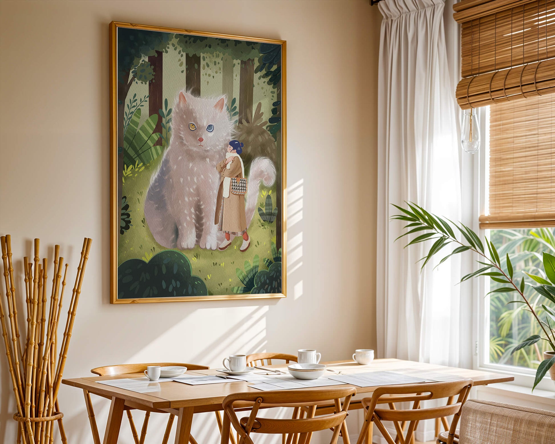Verzauberter Wald mit einer riesigen Katze und einer Frau