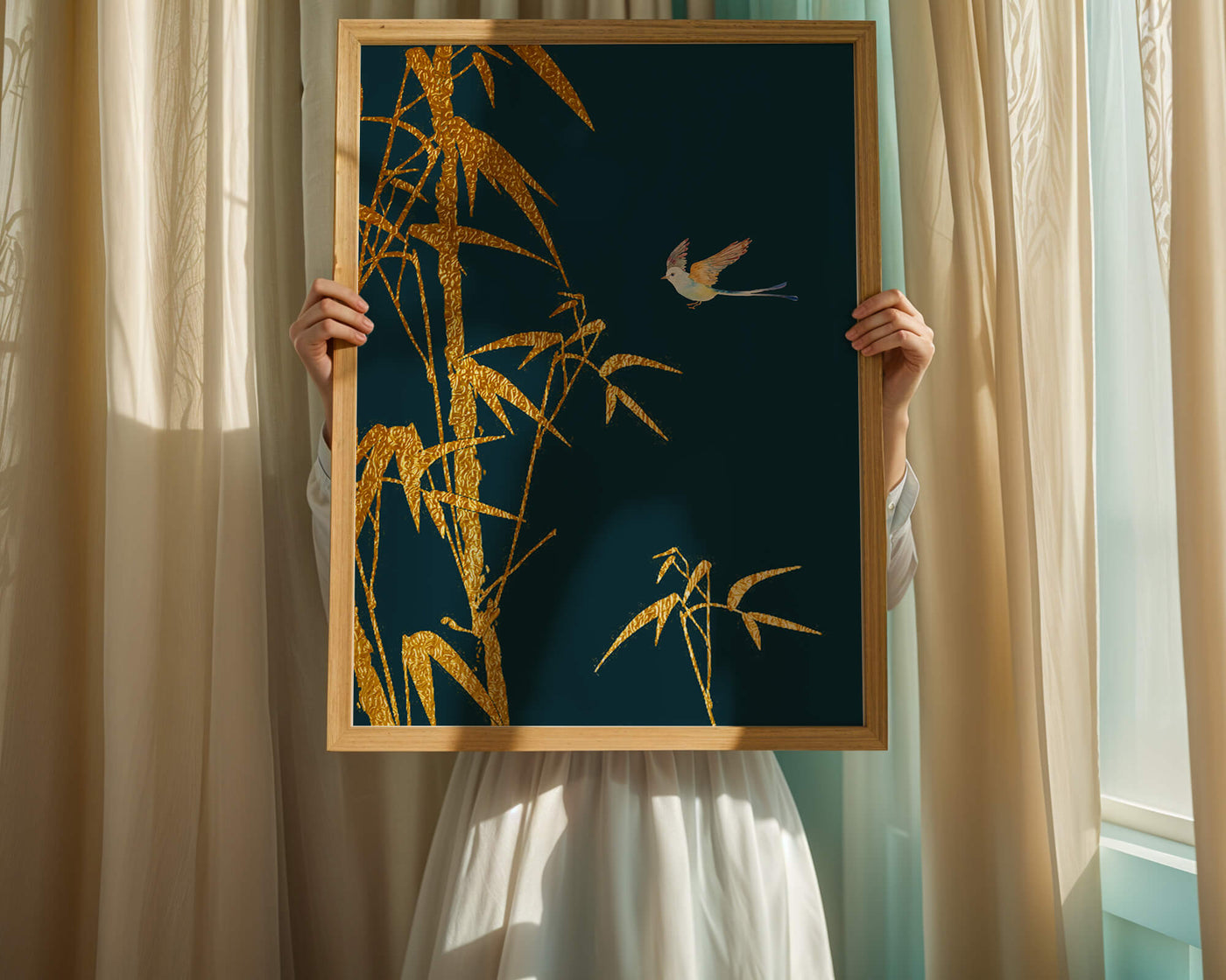 Golden bamboo and bird against a deep blue background