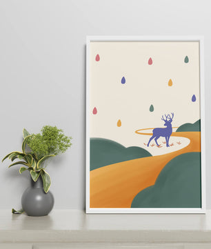 Colorful abstract deer illustration within a serene landscape