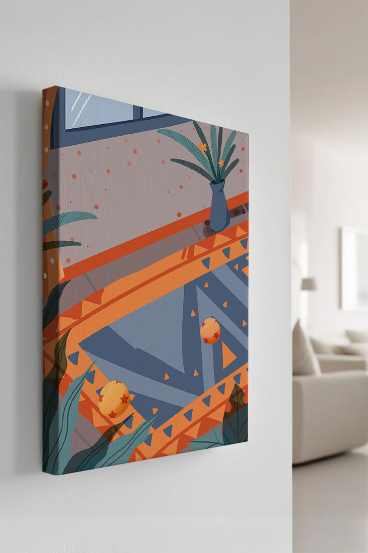 Interior abstracto moderno con patrones geométricos y planta