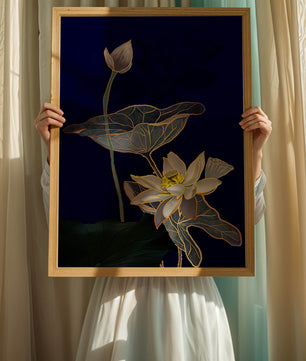Elegant Lotus Flower with Gold Accents on Deep Blue Background