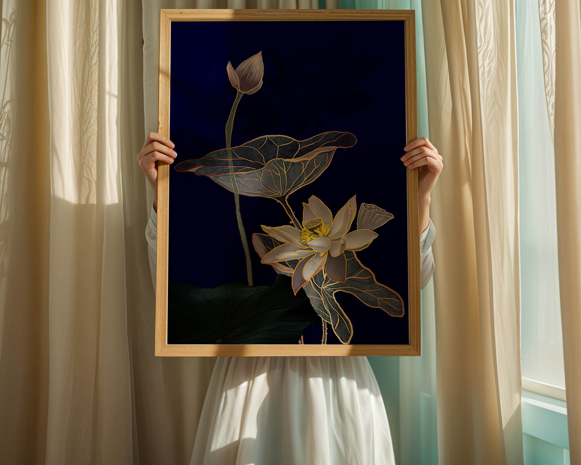 Elegant Lotus Flower with Gold Accents on Deep Blue Background