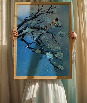 Blue Blossoms on Branch with Bird in Winter Scene