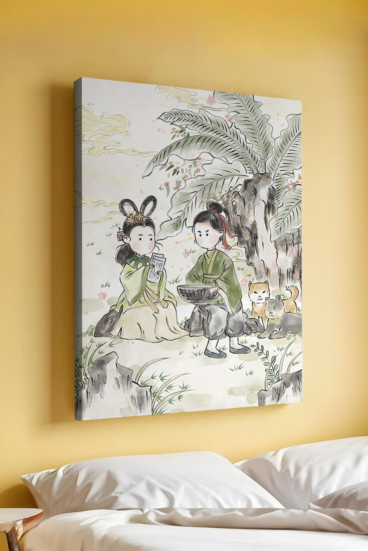 Arte asiático tradicional con dos personas y perros bajo un árbol