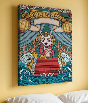 Illustration of a whimsical animal playing a stringed instrument in a fantastical setting