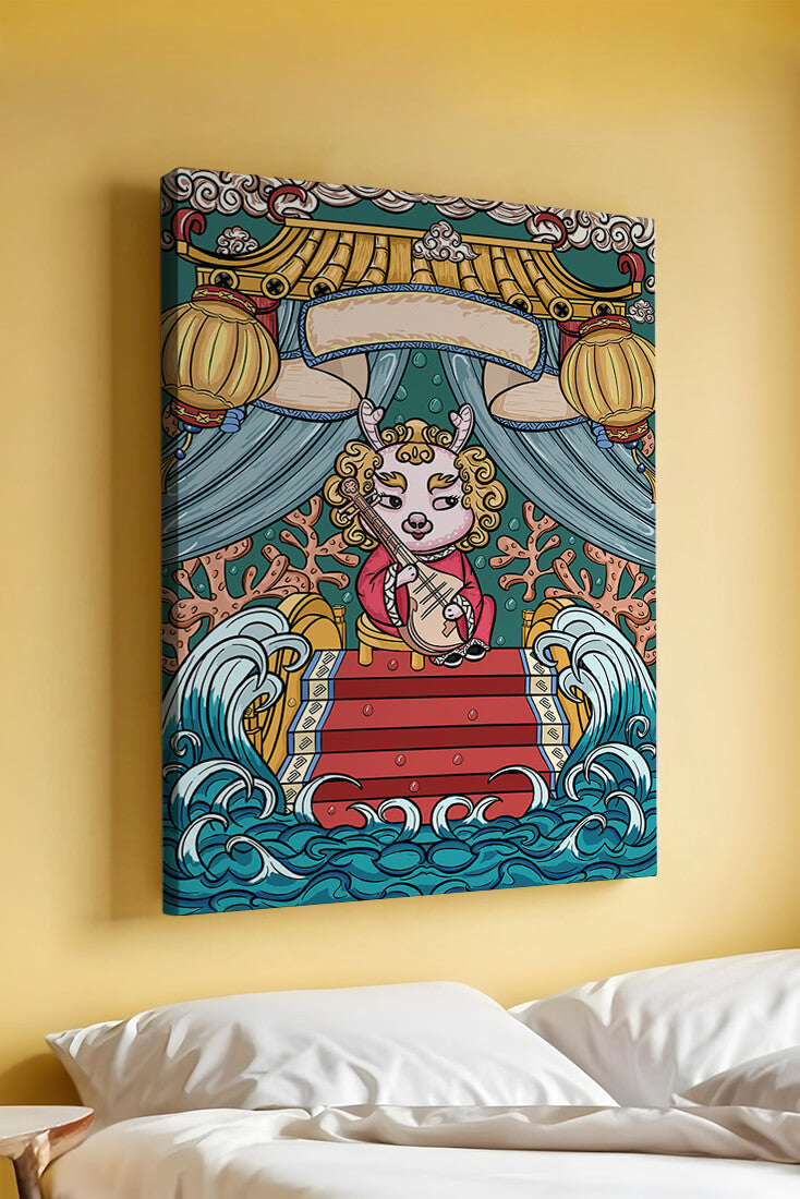 Illustration of a whimsical animal playing a stringed instrument in a fantastical setting
