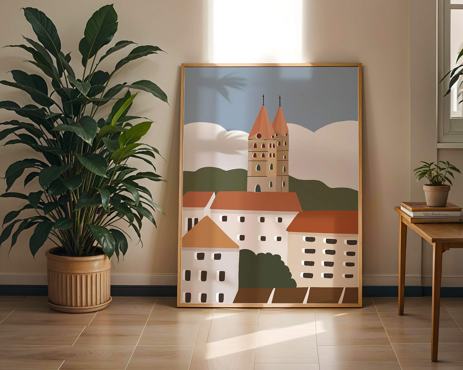 Charming European Cityscape with Church Towers and Colorful Buildings
