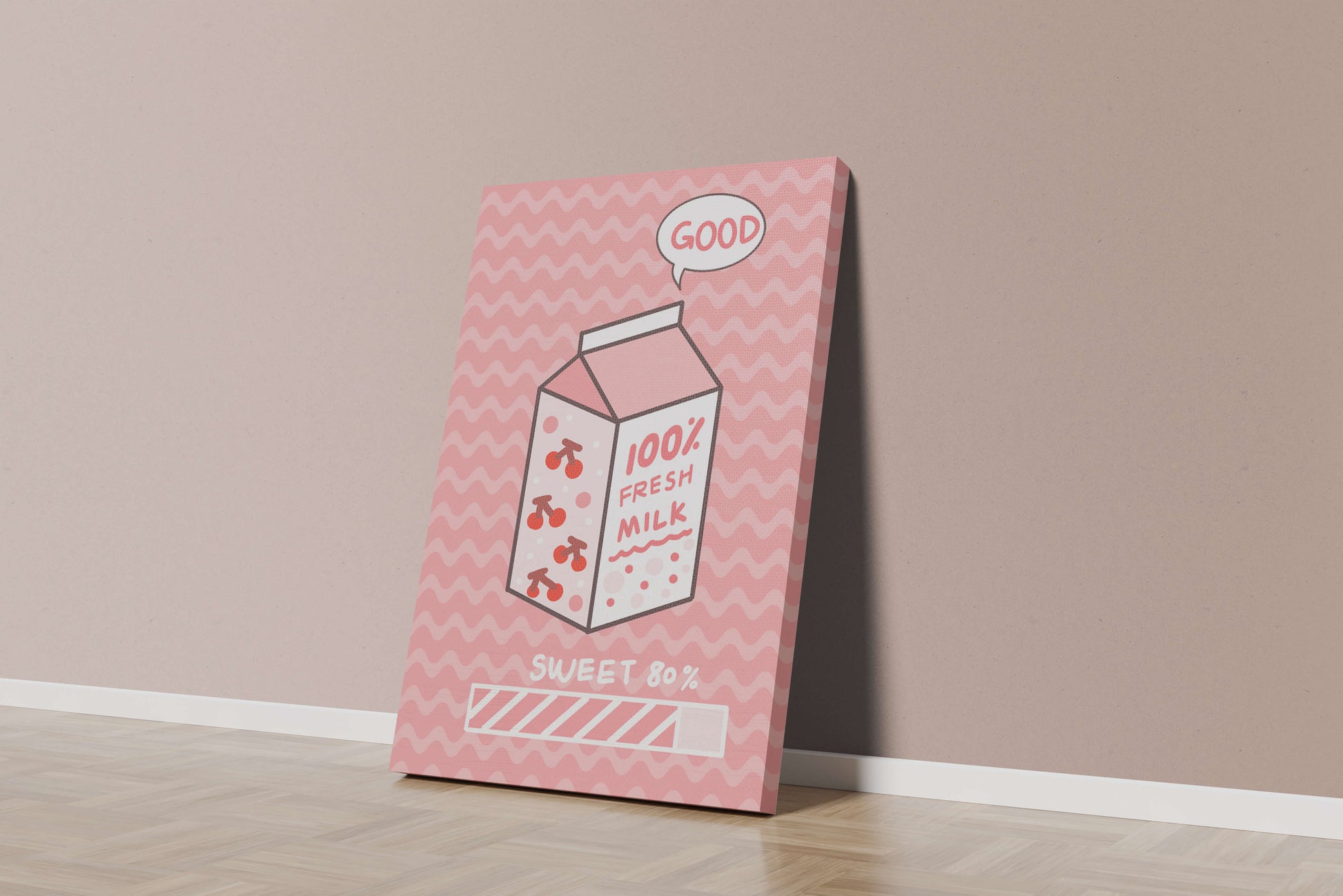 Playful illustration of milk carton with cherry design on pink background