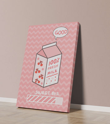 Playful illustration of milk carton with cherry design on pink background