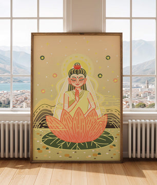 Heitere Illustration einer meditativen Figur auf einem Lotus mit himmlischem Hintergrund