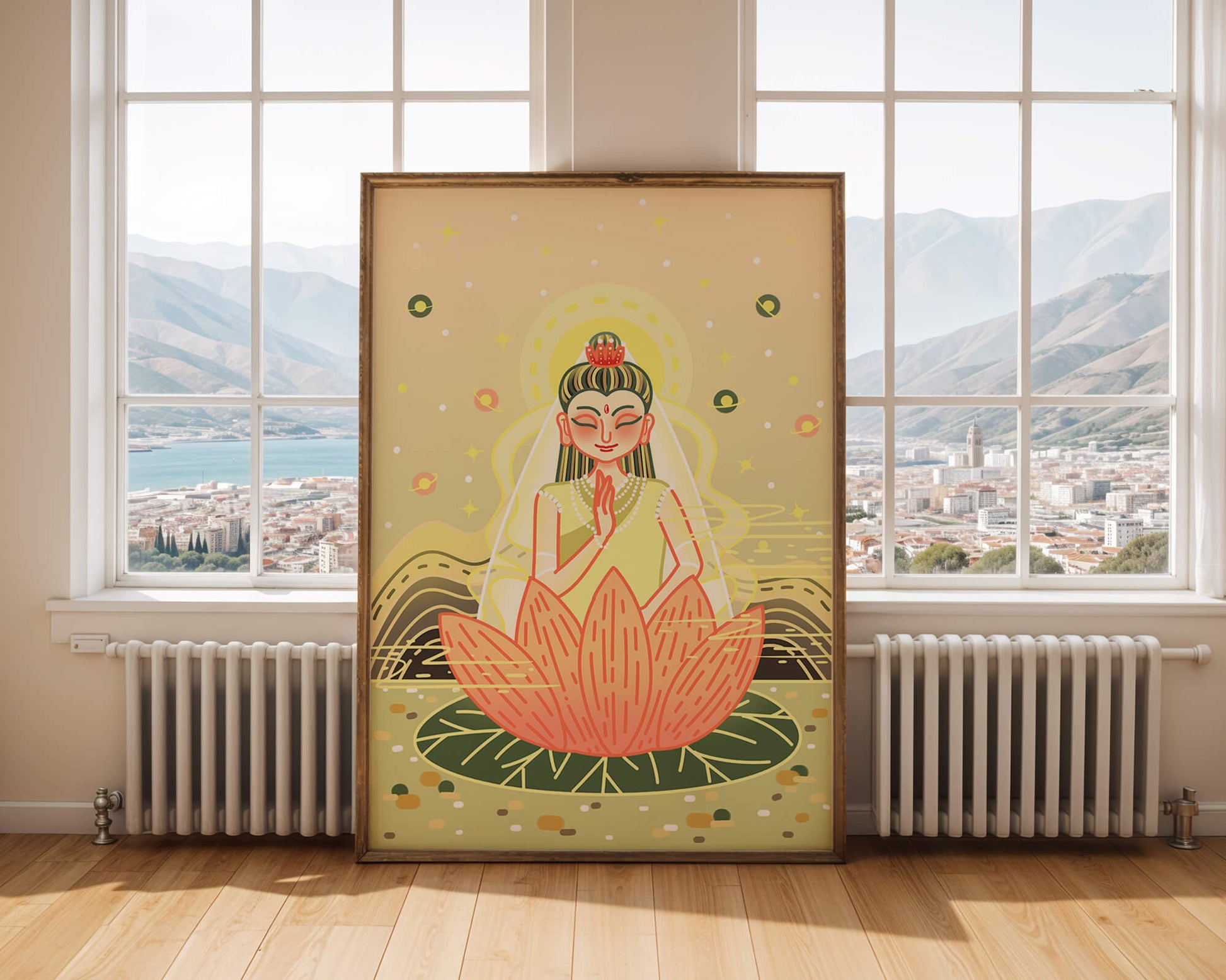 Serene illustration of meditative figure on a lotus with celestial background