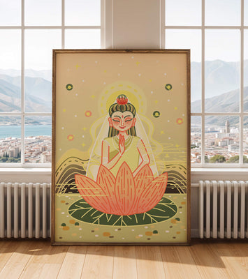 Serene illustration of meditative figure on a lotus with celestial background