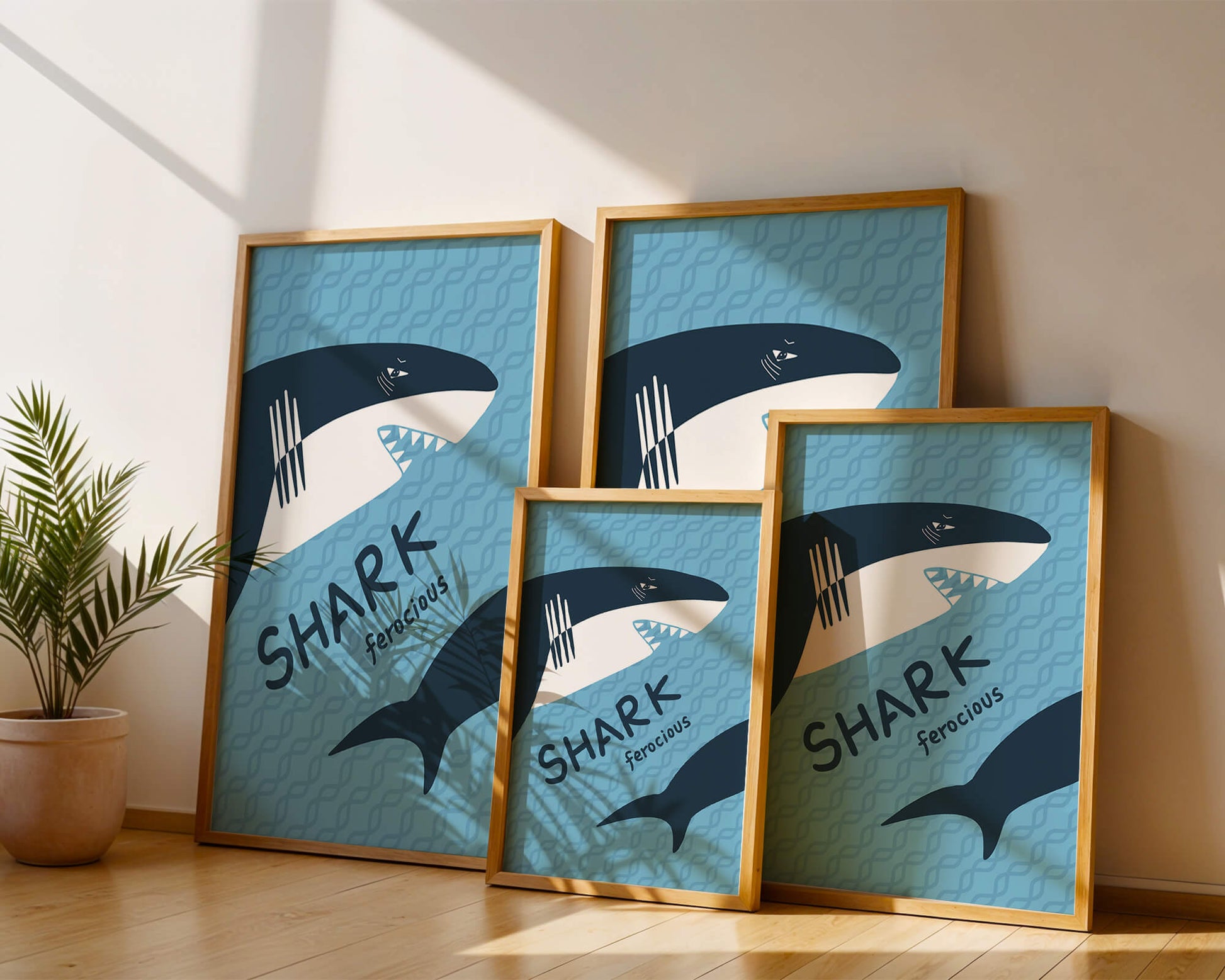 Illustrated shark graphic with blue background and typography