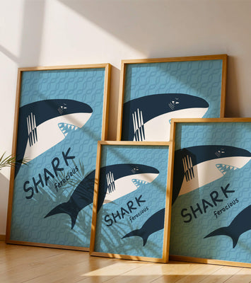 Illustrated shark graphic with blue background and typography