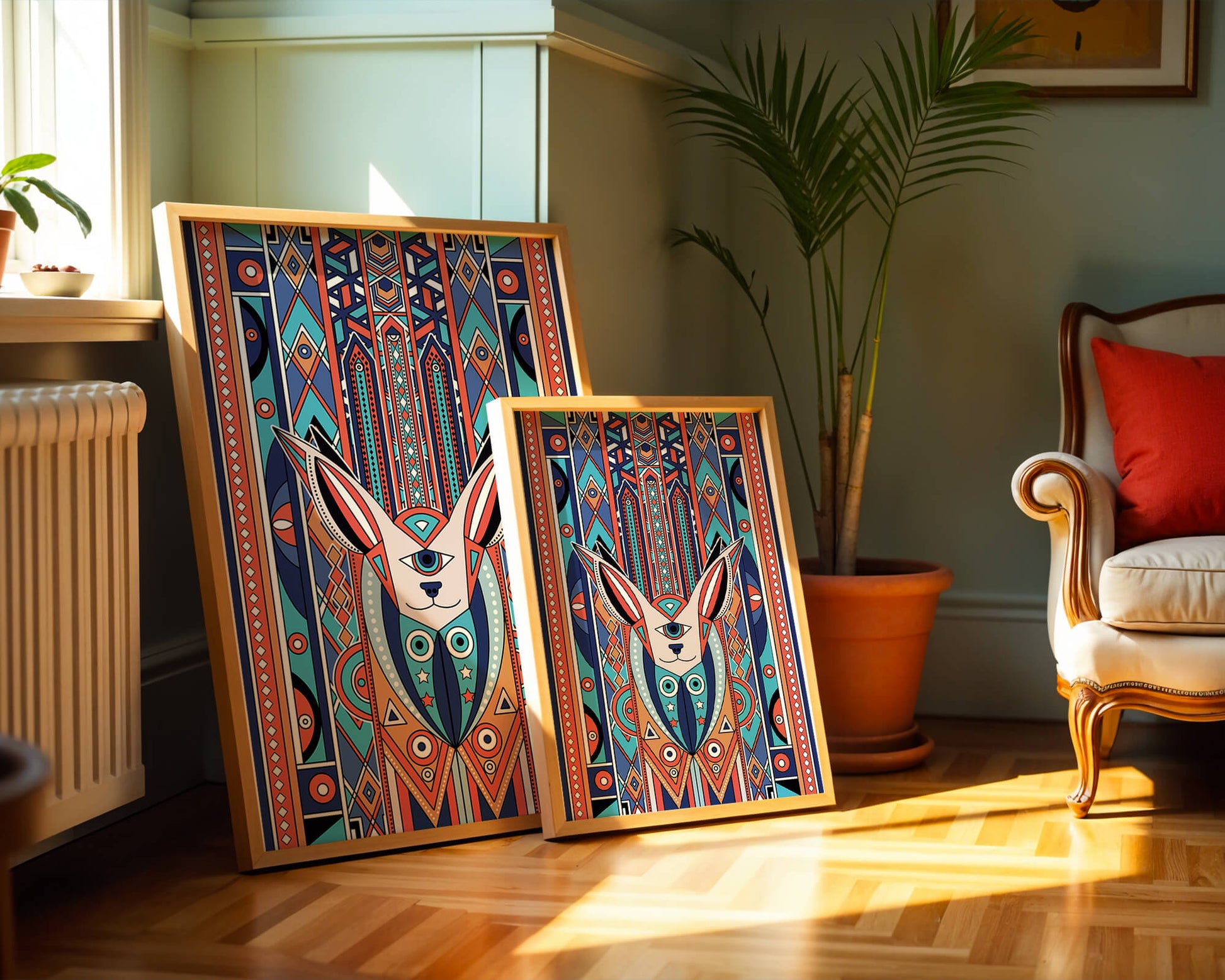 Diseño geométrico abstracto con motivo animal y patrones vibrantes