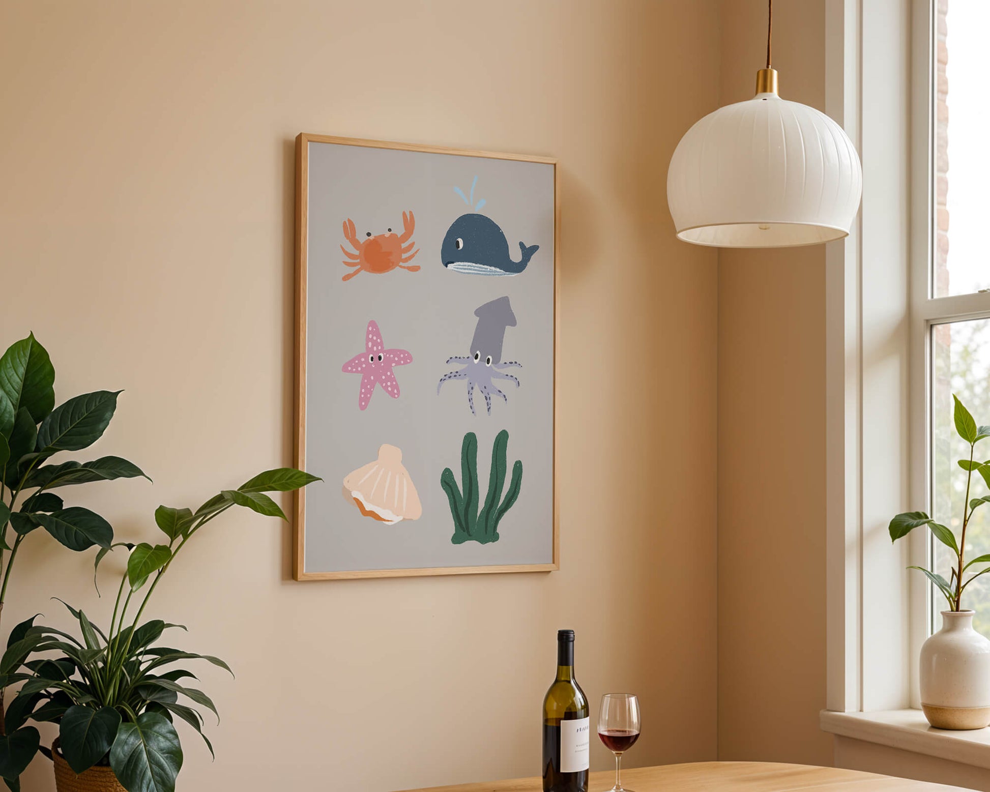 Illustration of whimsical sea creatures and marine elements on a grey background