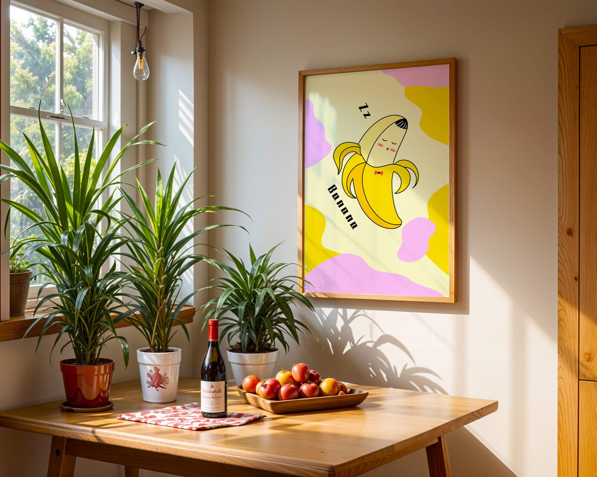 Playful illustration of a sleeping banana with colorful abstract background