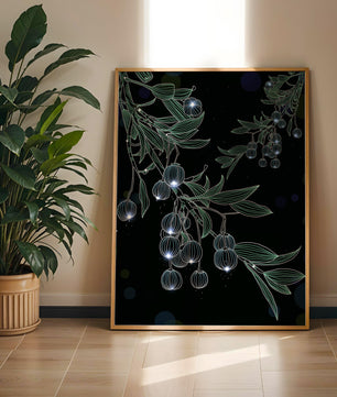 Elegante botanische Illustration mit leuchtenden Früchten und Blättern