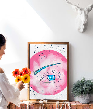 Abstract Eye Illustration with Pink Background and Blue Accents - Mi tienda