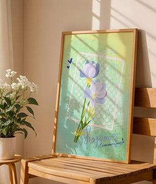 Ilustración floral delicada con colores pastel y lunares