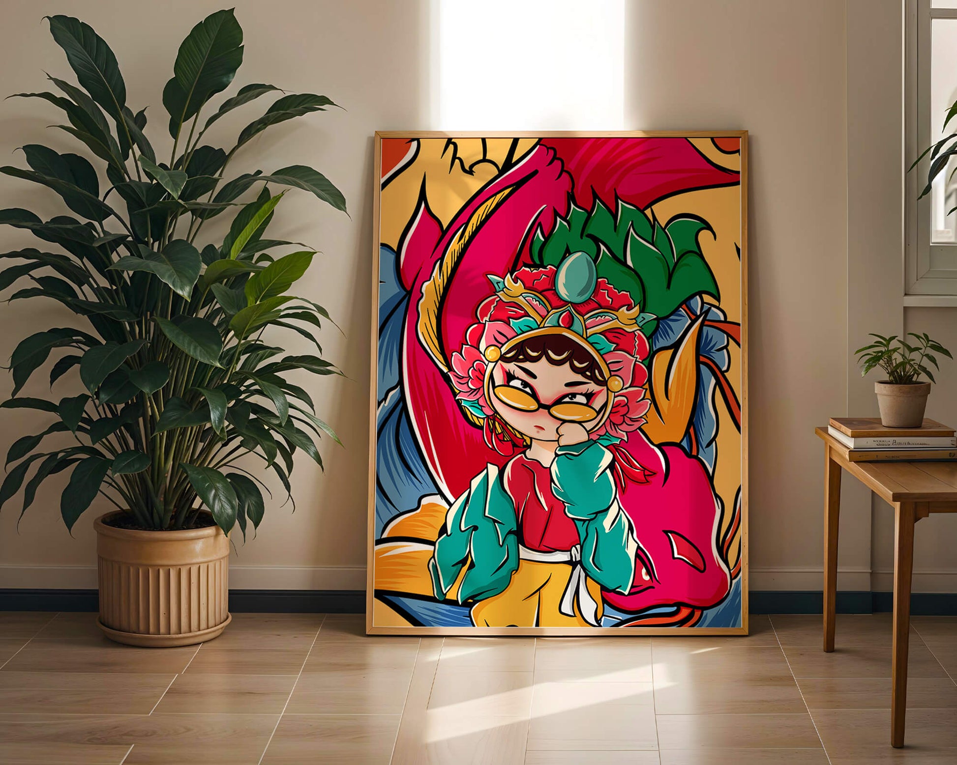 Vibrant illustration featuring a character in traditional costume with dragon elements