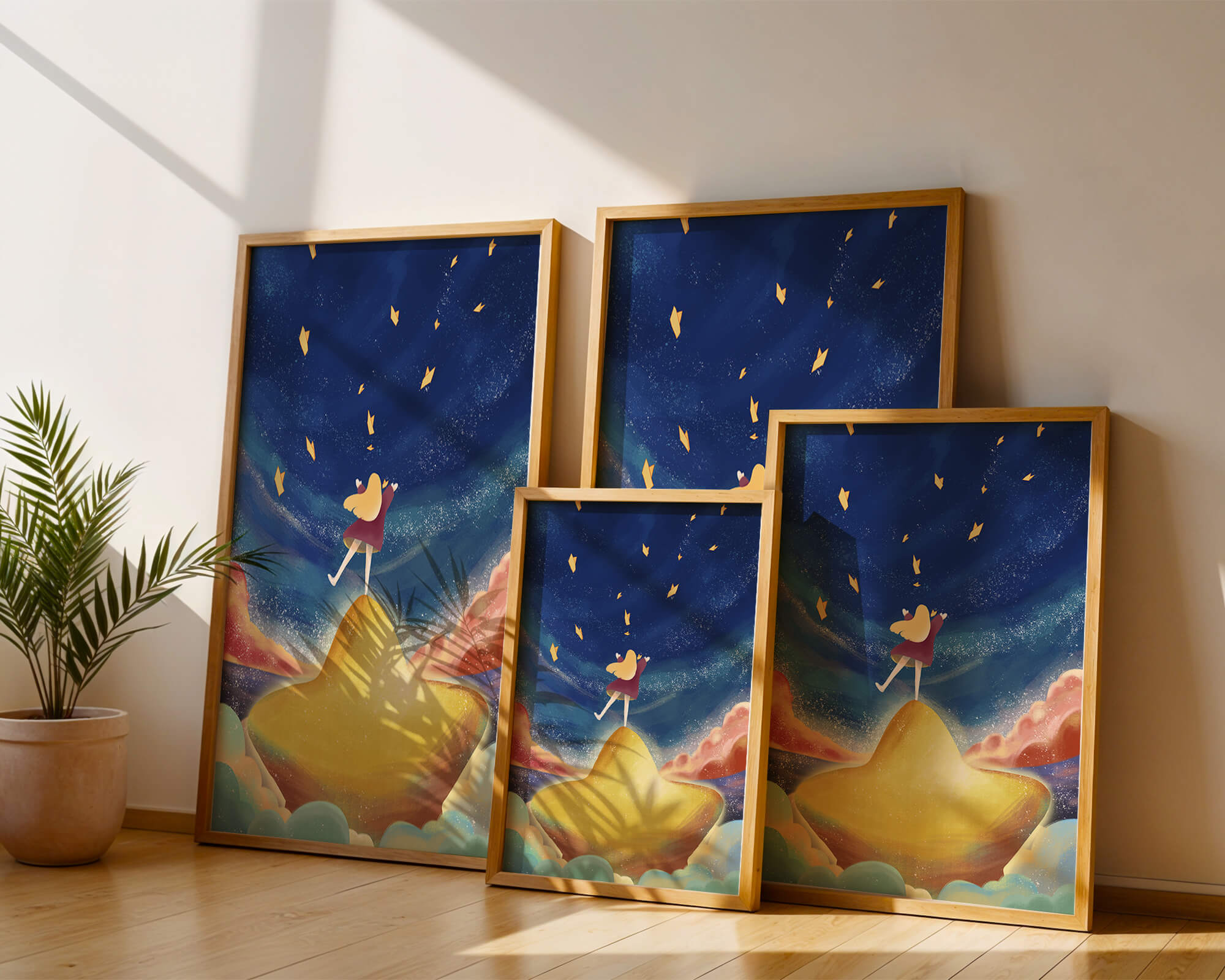 Girl standing on a golden hill reaching for stars in a dreamy night sky