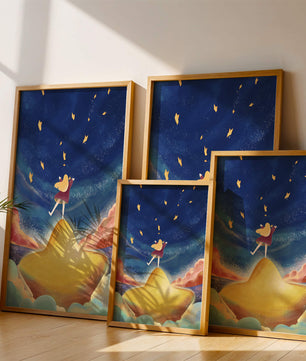 Girl standing on a golden hill reaching for stars in a dreamy night sky
