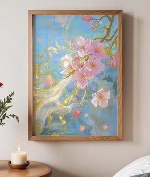Beautiful Cherry Blossom Branch with Golden Highlights on a Soft Blue Background - Mi tienda