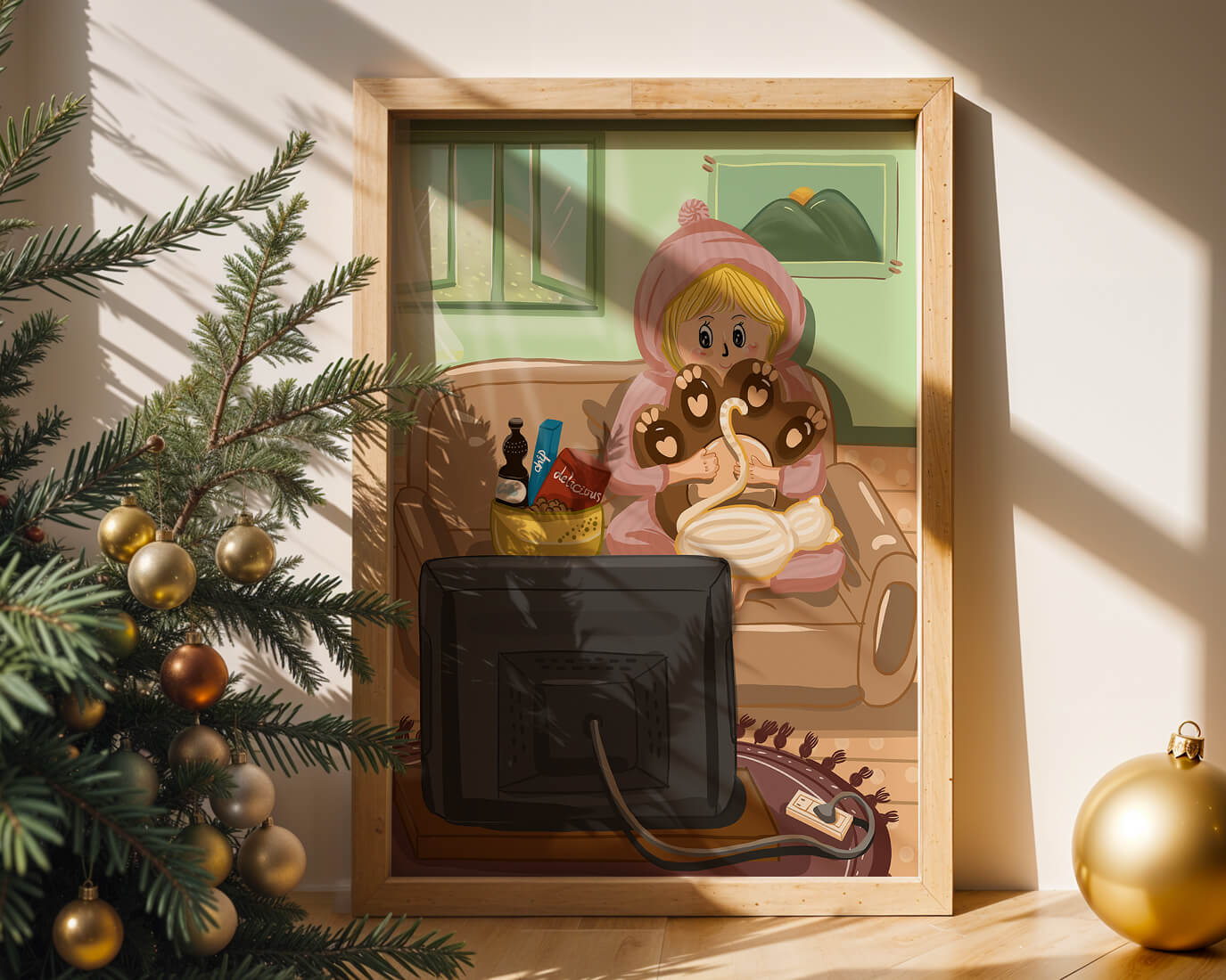 Cozy cartoon scene: person with cat and snacks on a sofa