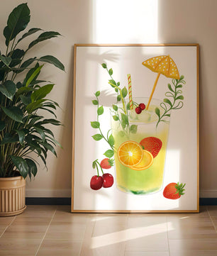 Refreshing summer drink illustration with fruits and greenery