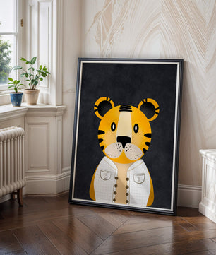 Illustration of cute cartoon tiger character in stylish outfit on dark background