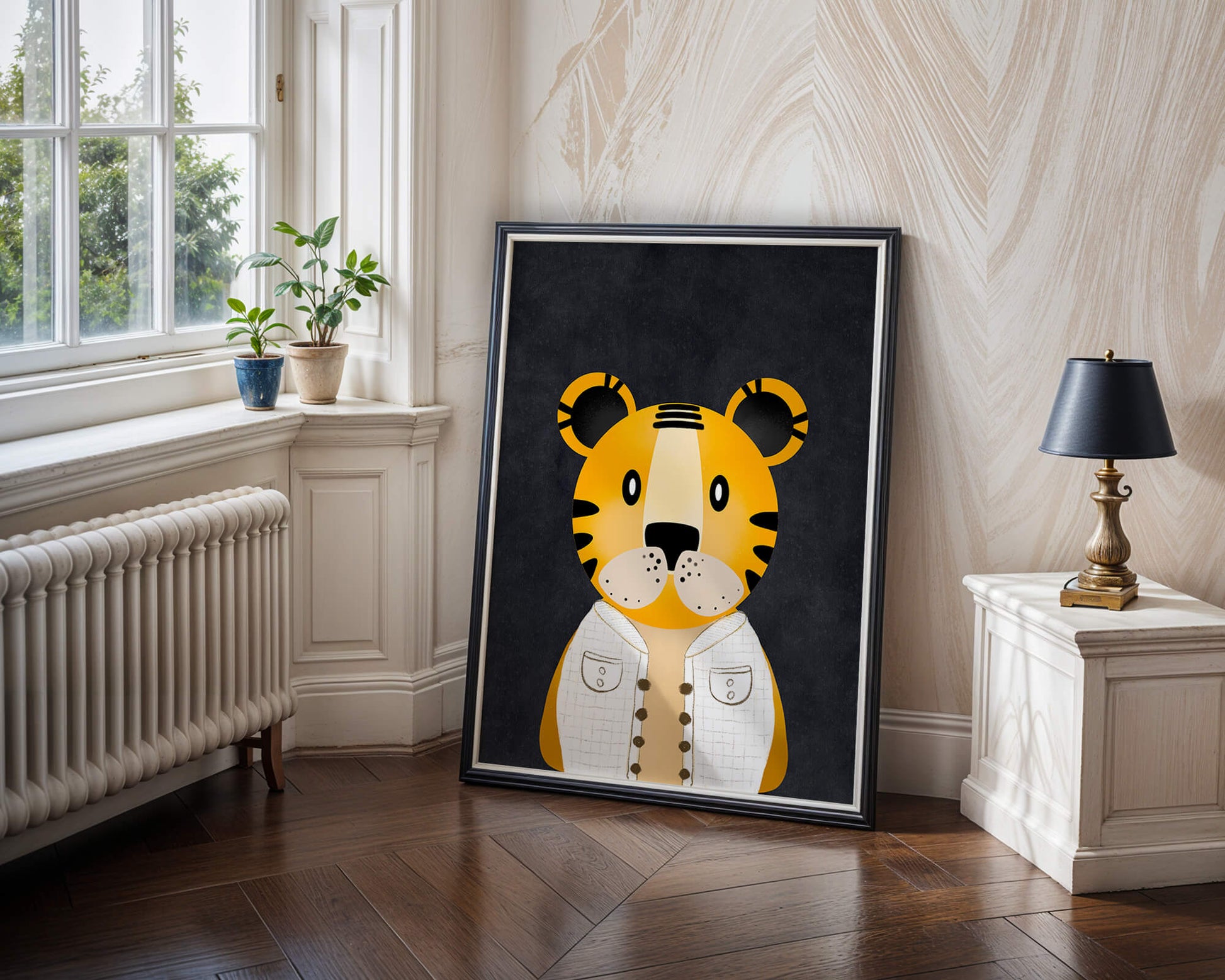 Illustration of cute cartoon tiger character in stylish outfit on dark background