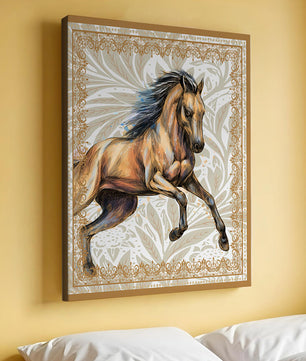 Elegant horse illustration with ornate golden frame
