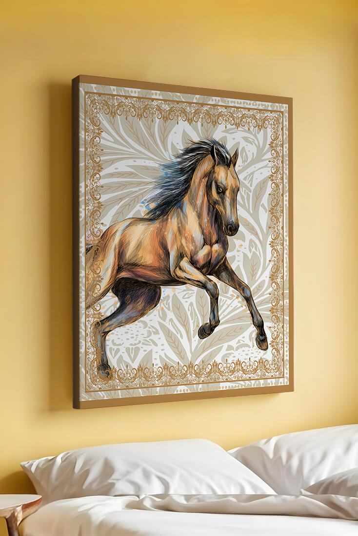 Elegant horse illustration with ornate golden frame