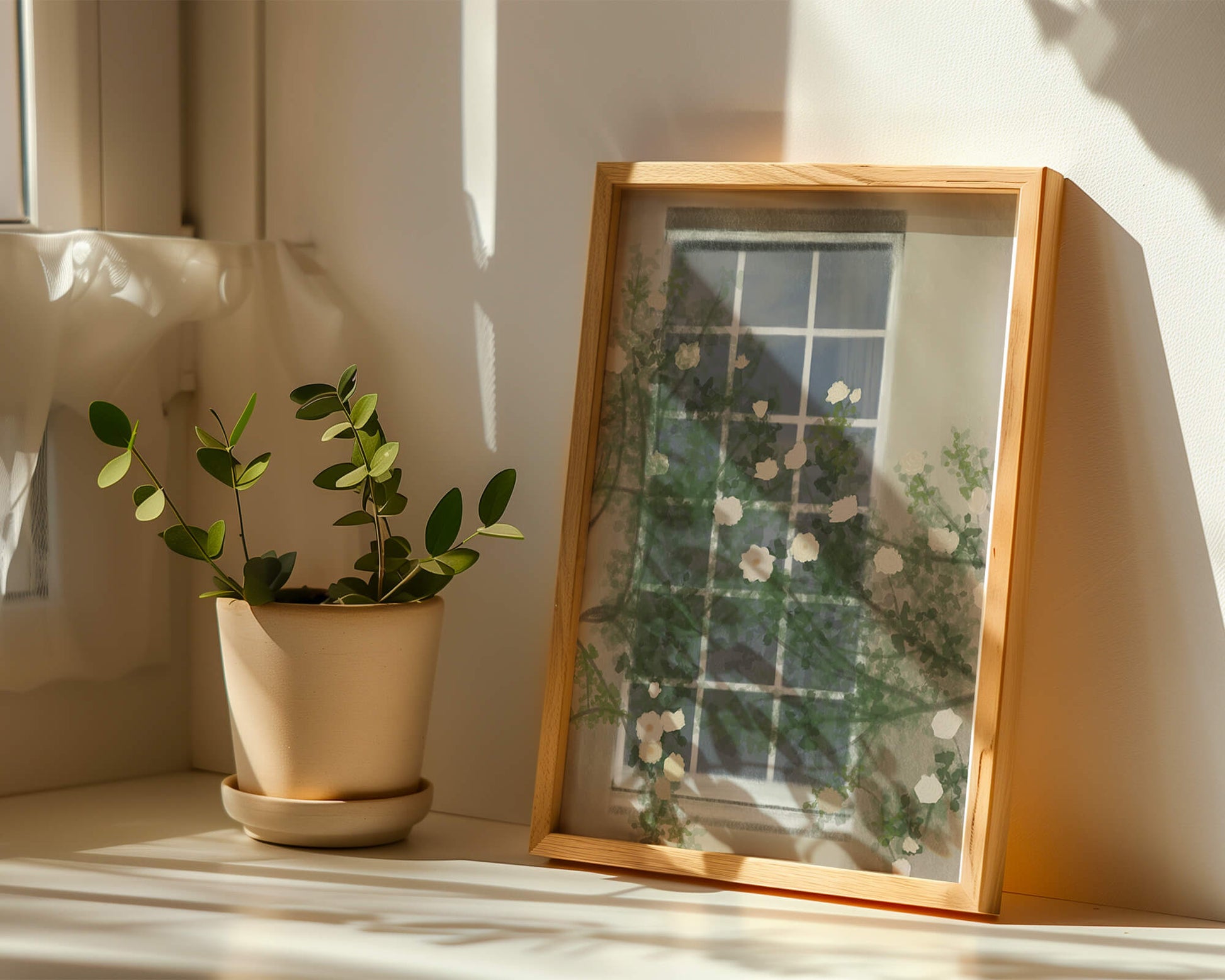 Floral Window with Climbing Roses in a Tranquil Setting
