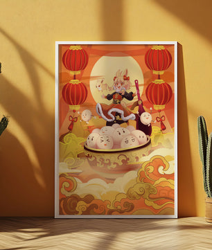 Charming festive fantasy illustration featuring lanterns and playful characters