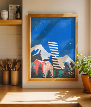 Complejo montañoso en un paisaje vibrante con cielo azul y pájaros
