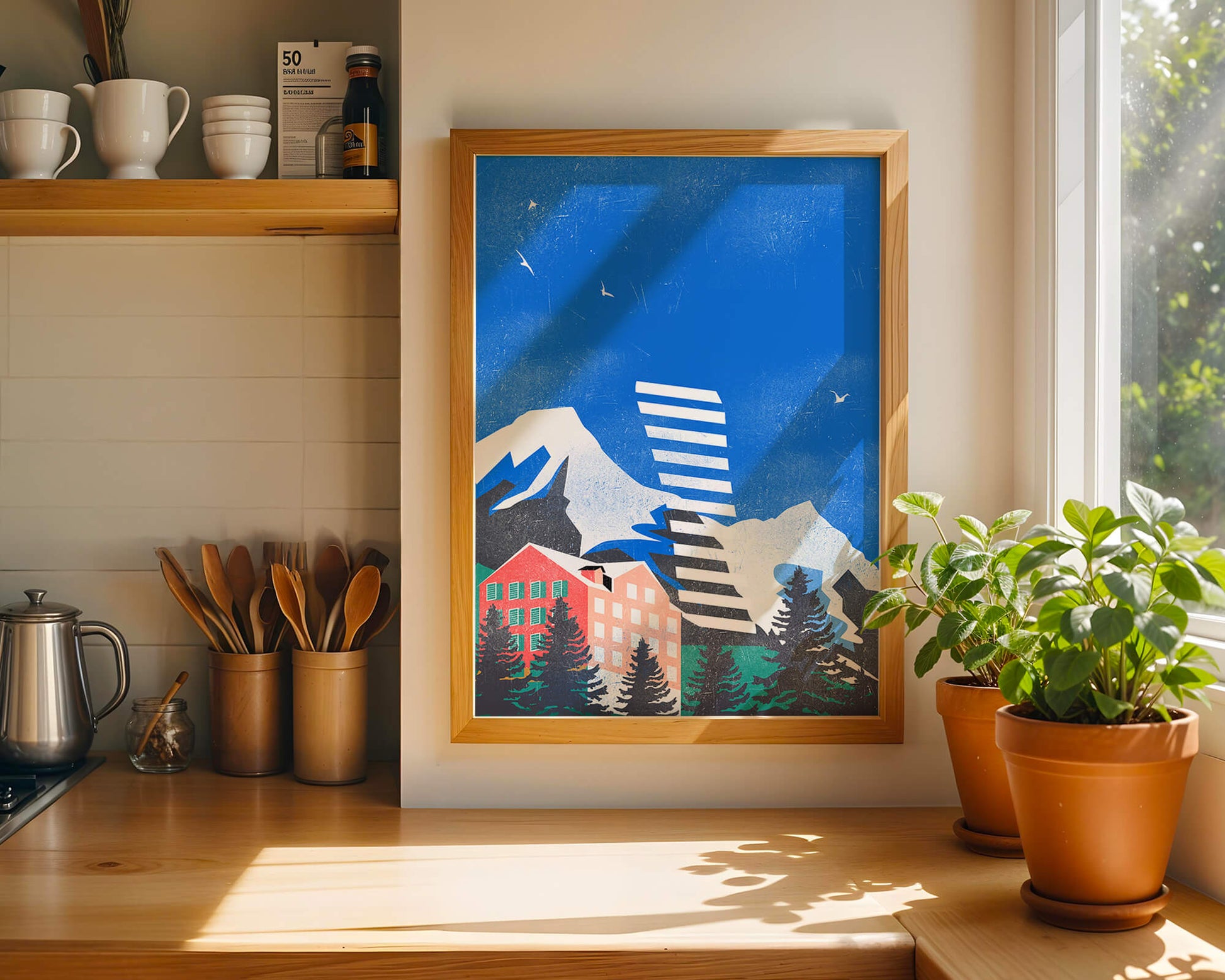 Mountain Resort in a Vibrant Landscape with Blue Sky and Birds