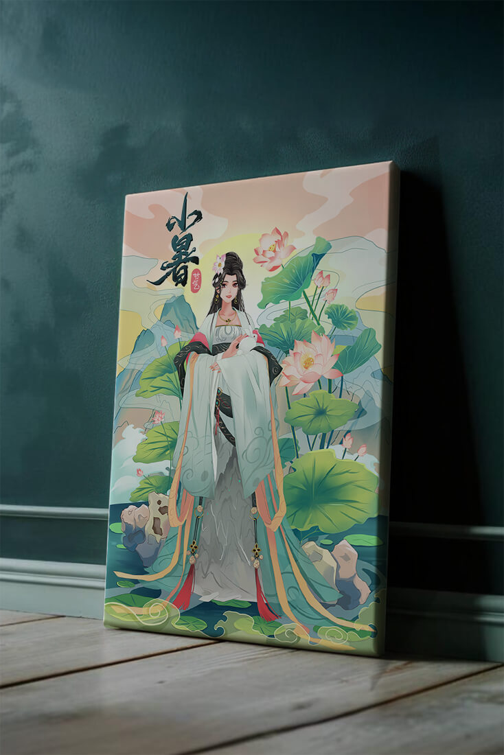 Elegant woman in traditional attire with lotus flowers and serene backdrop