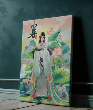 Elegant woman in traditional attire with lotus flowers and serene backdrop