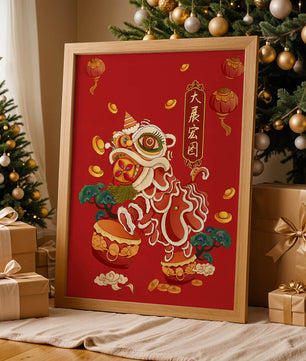 Ilustración de la danza del león china tradicional con elementos festivos