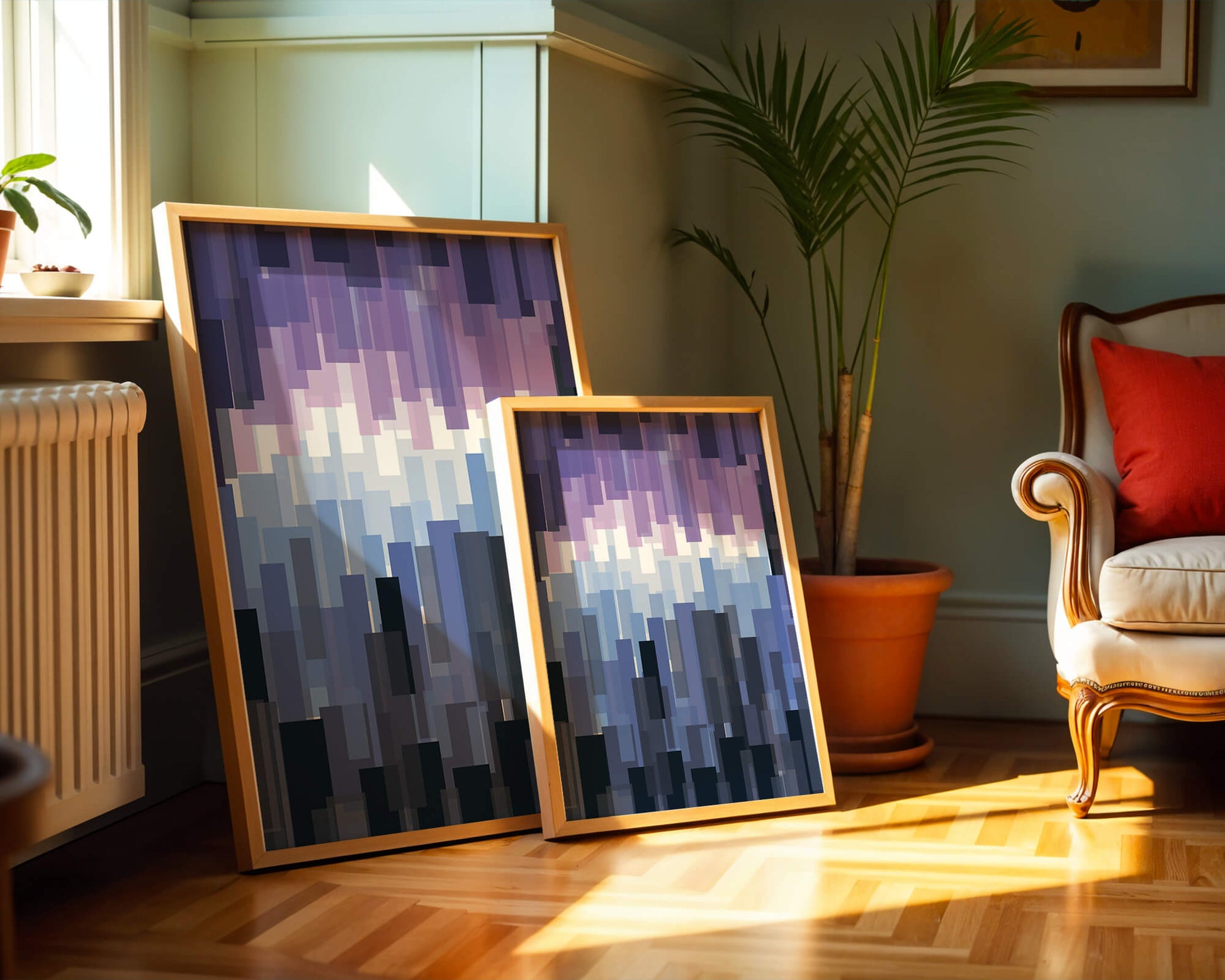 Abstrakter pixeliger Farbverlauf mit Blau- und Lilatönen