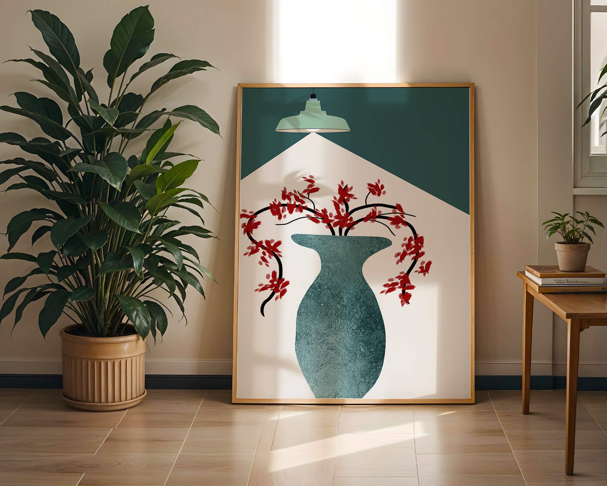Modern Minimalist Vase with Red Flowers Under Green Lamp