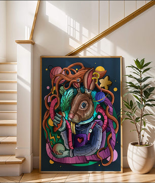 Ilustración abstracta colorida de un conejo en el espacio con pulpo, planetas y zanahoria